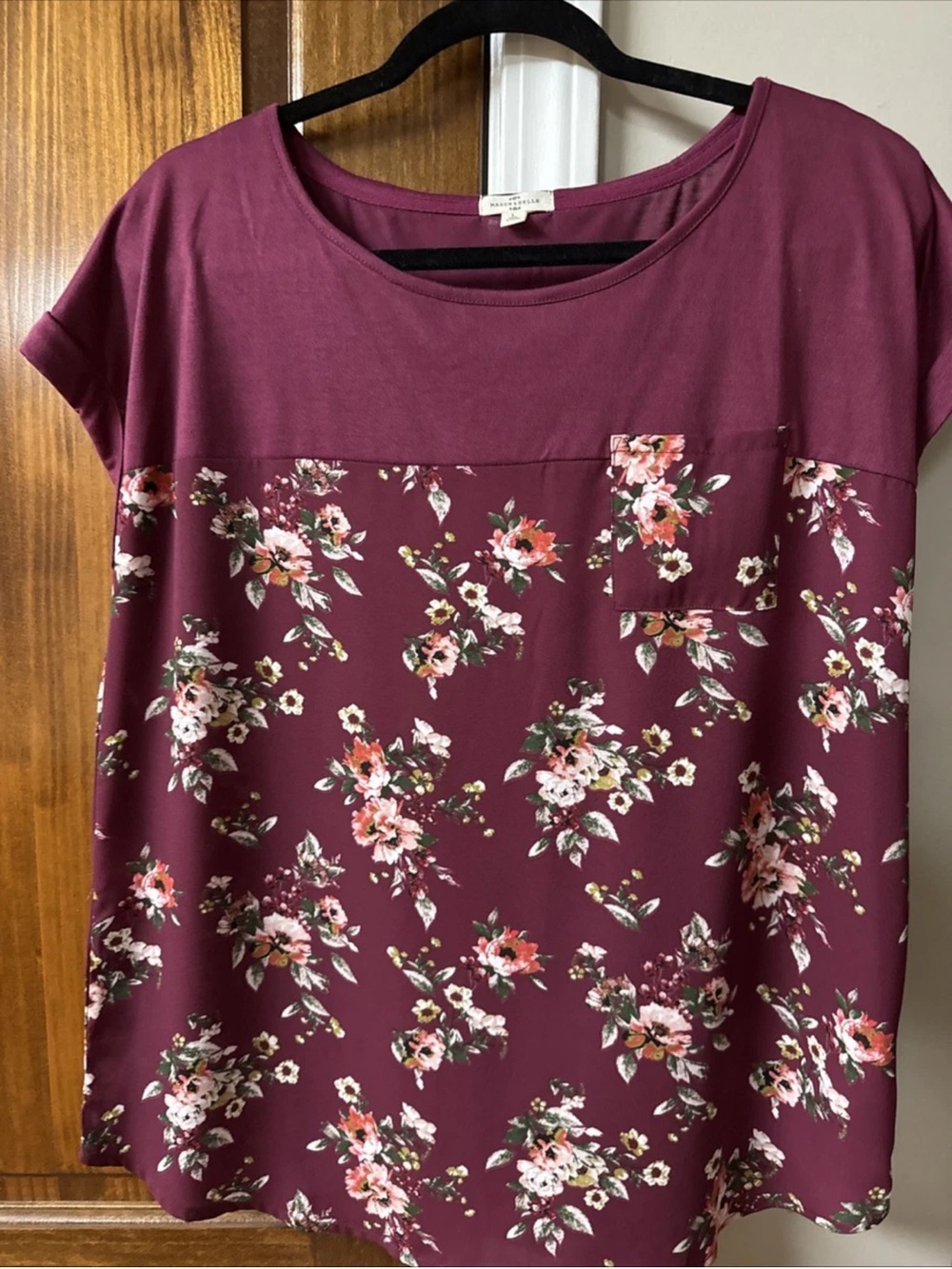 Women's Floral Panel Short Sleeve Top - Burgundy